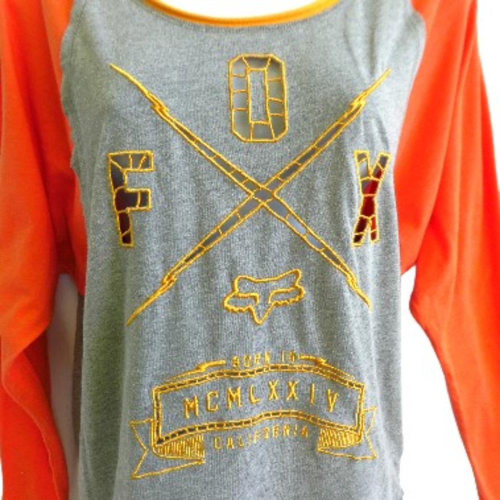 Fox Orange Grey Tee T-Shirt Yellow Embroidered Logo Baseball Raglan Long Sleeve
